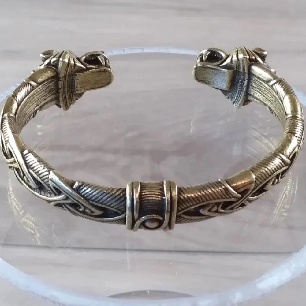 Silver Wolf Head Viking Norse Knotwork Cuff Bangle Bracelet